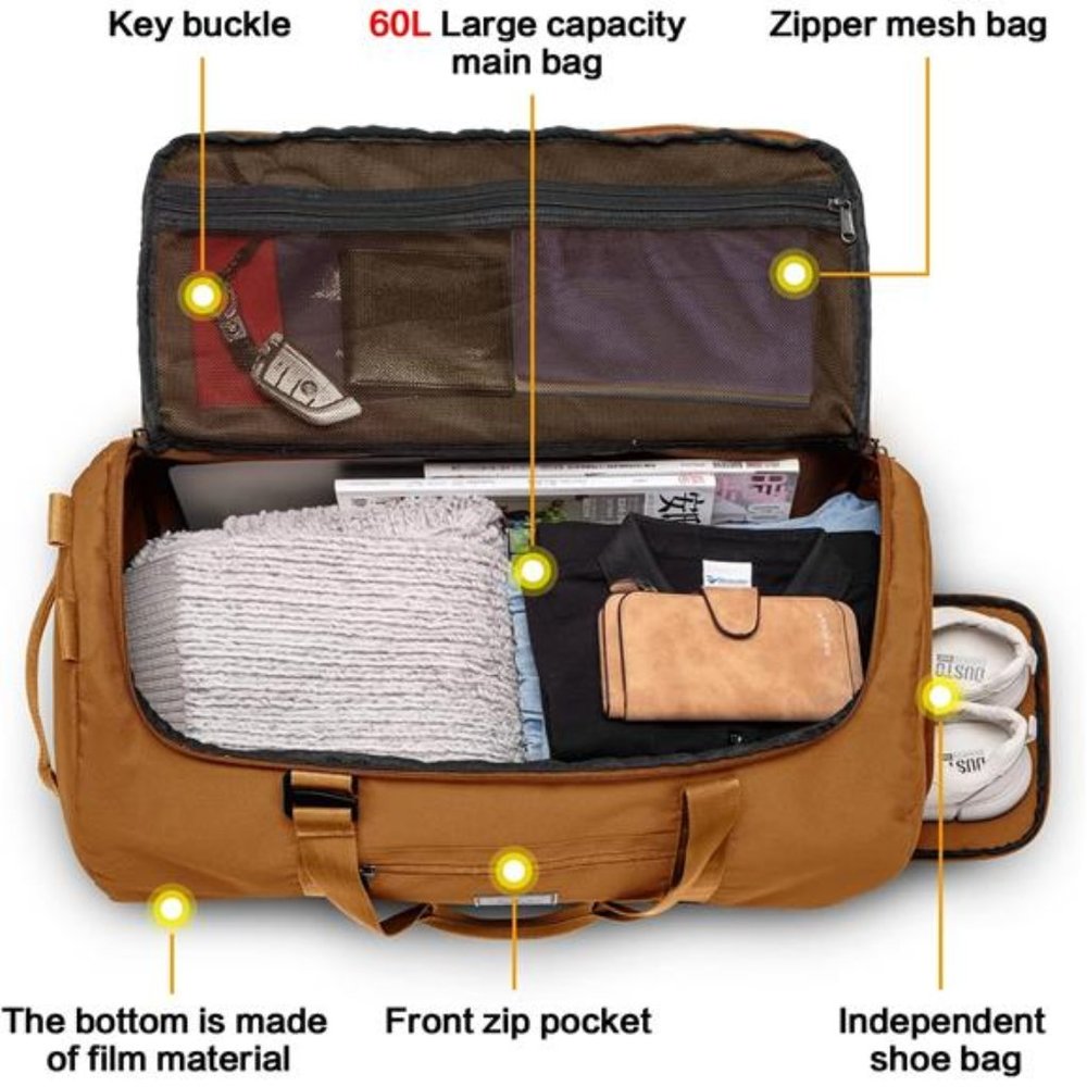 Duffle Bag for Women Weekender Overnight with Shoes Compartment 60L, Khaki - Picture 5 of 7